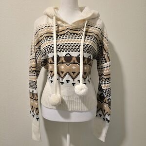 Rue 21 Womens Fair Isle Cozy Hooded Sweater Pom Poms Cream Brown NWOT Size Large